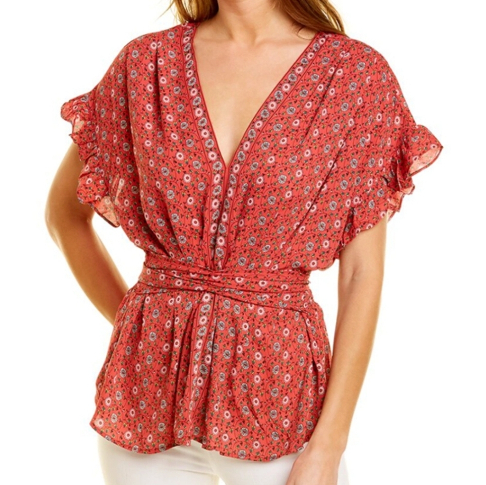 Max Studio Red Floral V-Neck Tie-Waist Blouse - Picture 15 of 15
